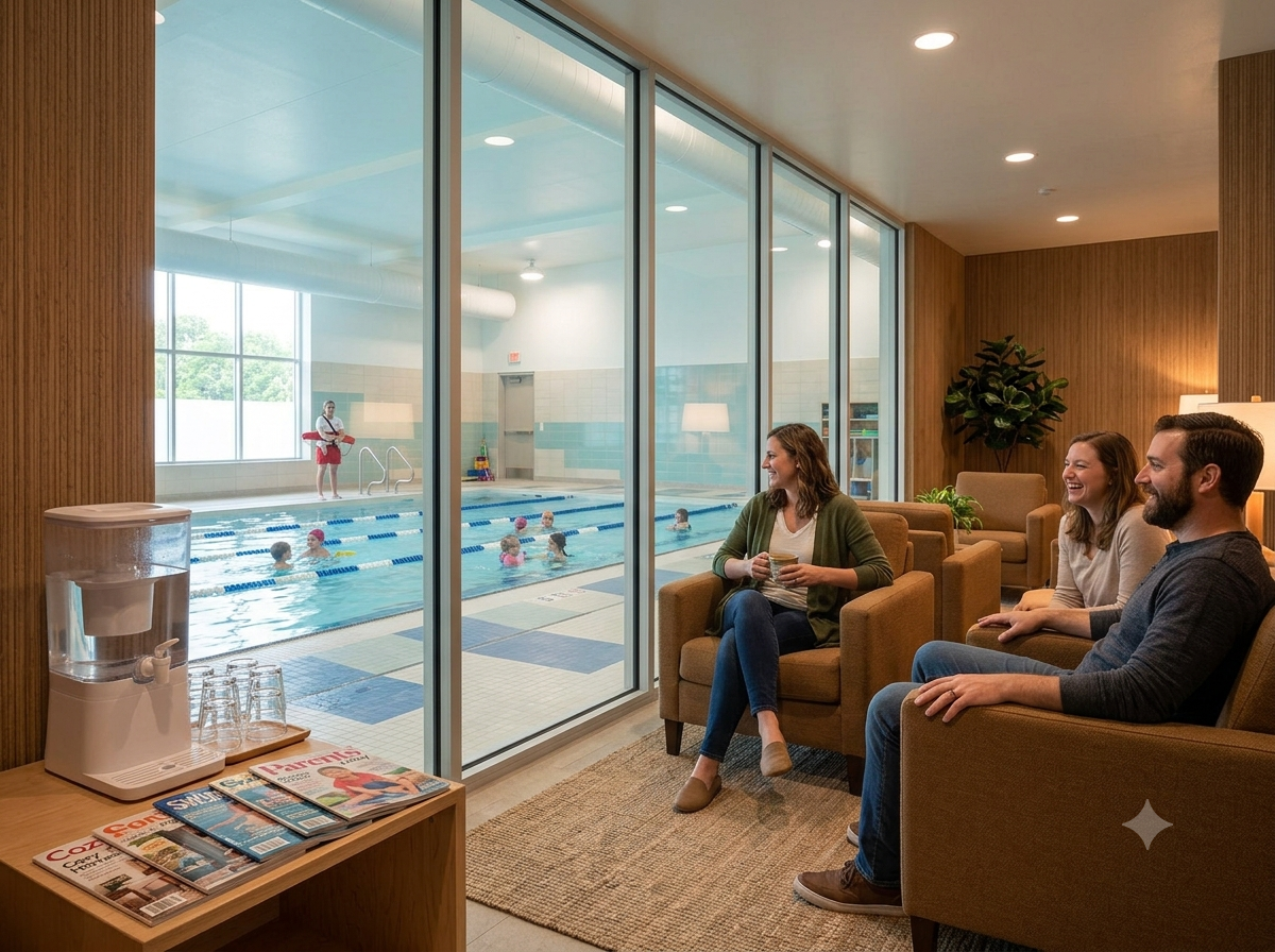Parent viewing area: A warm gallery with a full view of every lane.